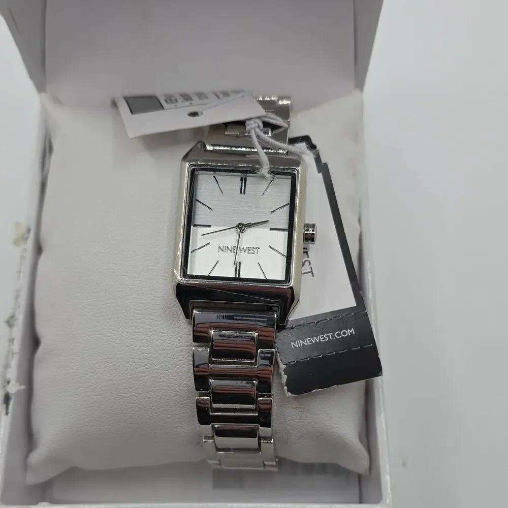Nine West Women’s Analog Quartz Rectangle Silver Tone Bracelet Watch w/ Box